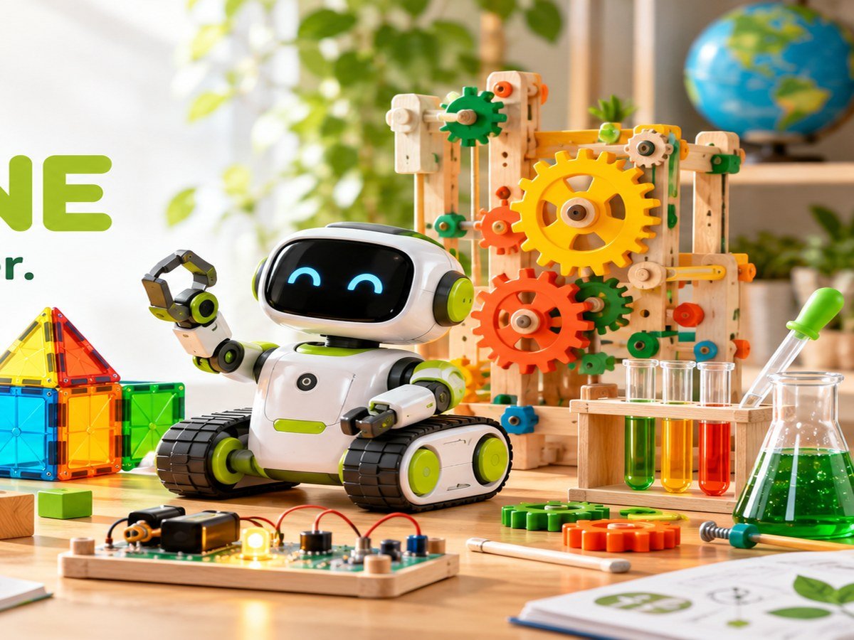 A friendly robot with engineering gears, magnetic blocks and a science experiment kit